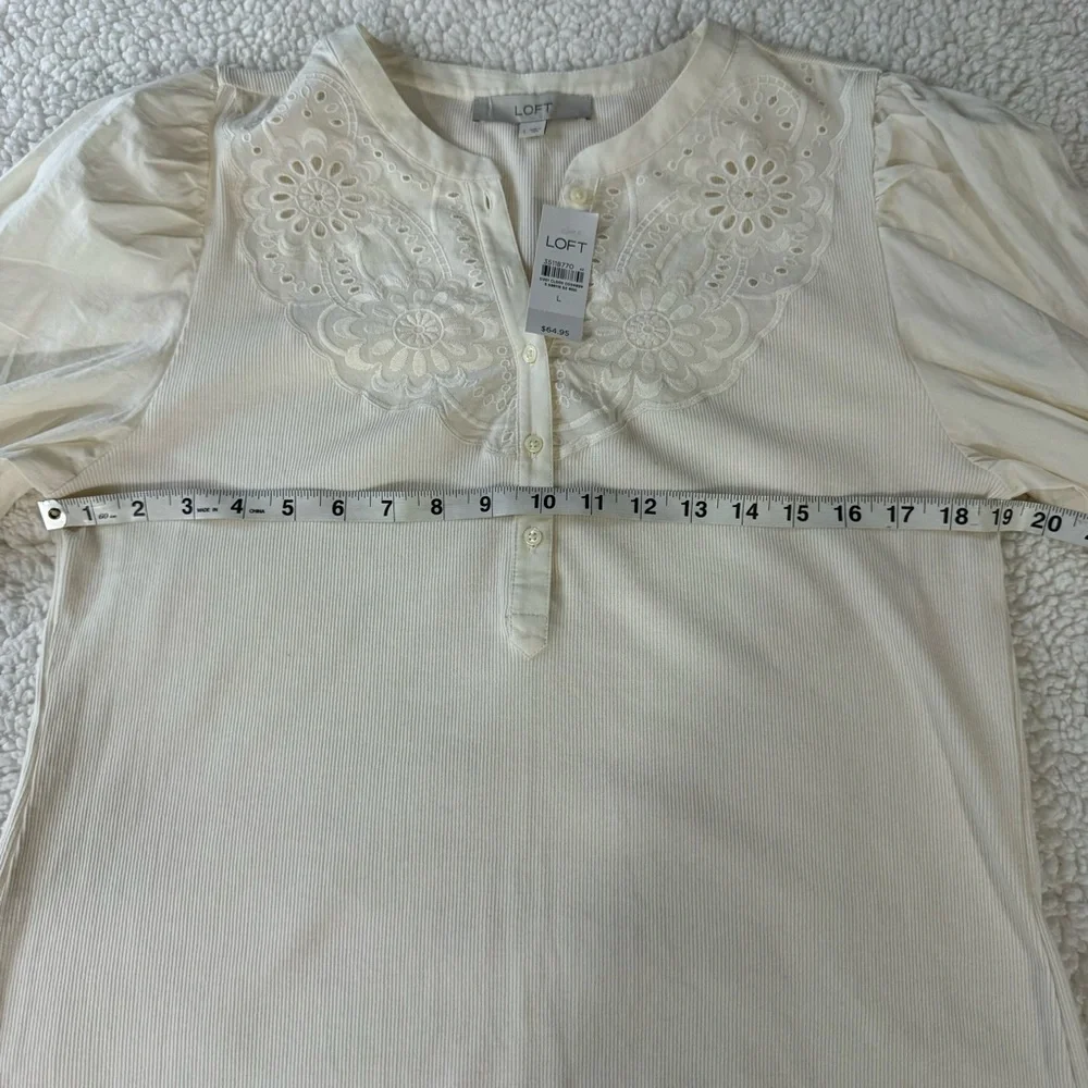 Loft Eyelet Yoke Mixed Media Top in Ecru Ivory Cream Size L Large #596116